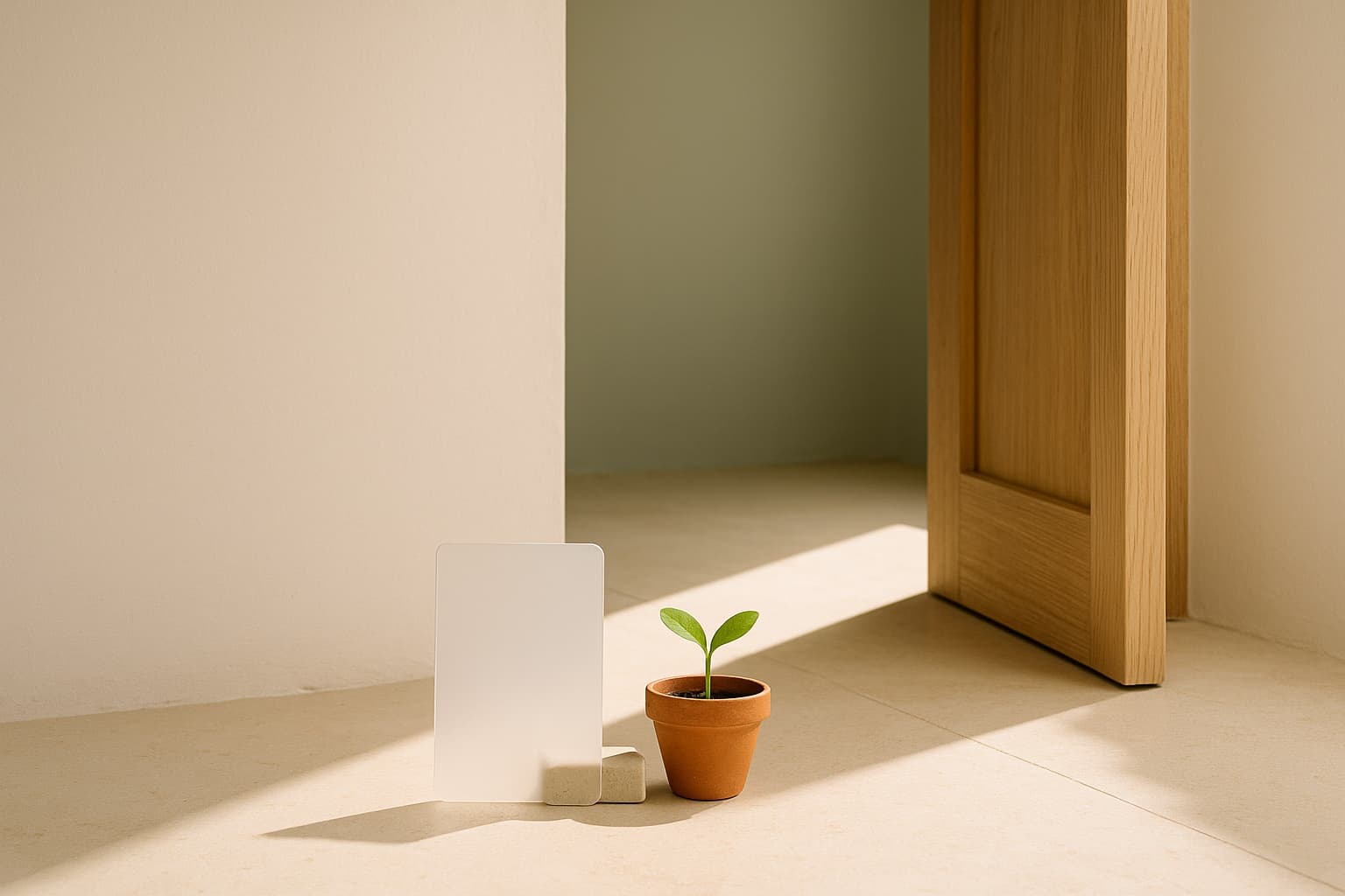 Una puerta de madera clara entreabierta en una pared encalada, por la que entra luz de mañana; junto al umbral, sobre un suelo de piedra clara, una tarjeta translúcida sin inscripciones y un brote verde en una maceta de barro.