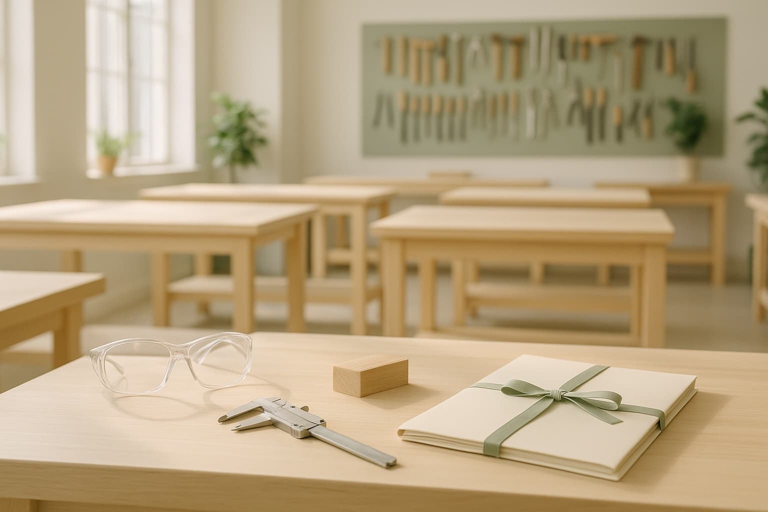 Una mesa de madera clara junto a un ventanal con luz de mañana: un cuaderno abierto con un lápiz, un calibre de acero y unas gafas de protección transparentes, junto a una carpeta crema atada con una cinta verde salvia; al fondo, desenfocado, un taller de formación luminoso.