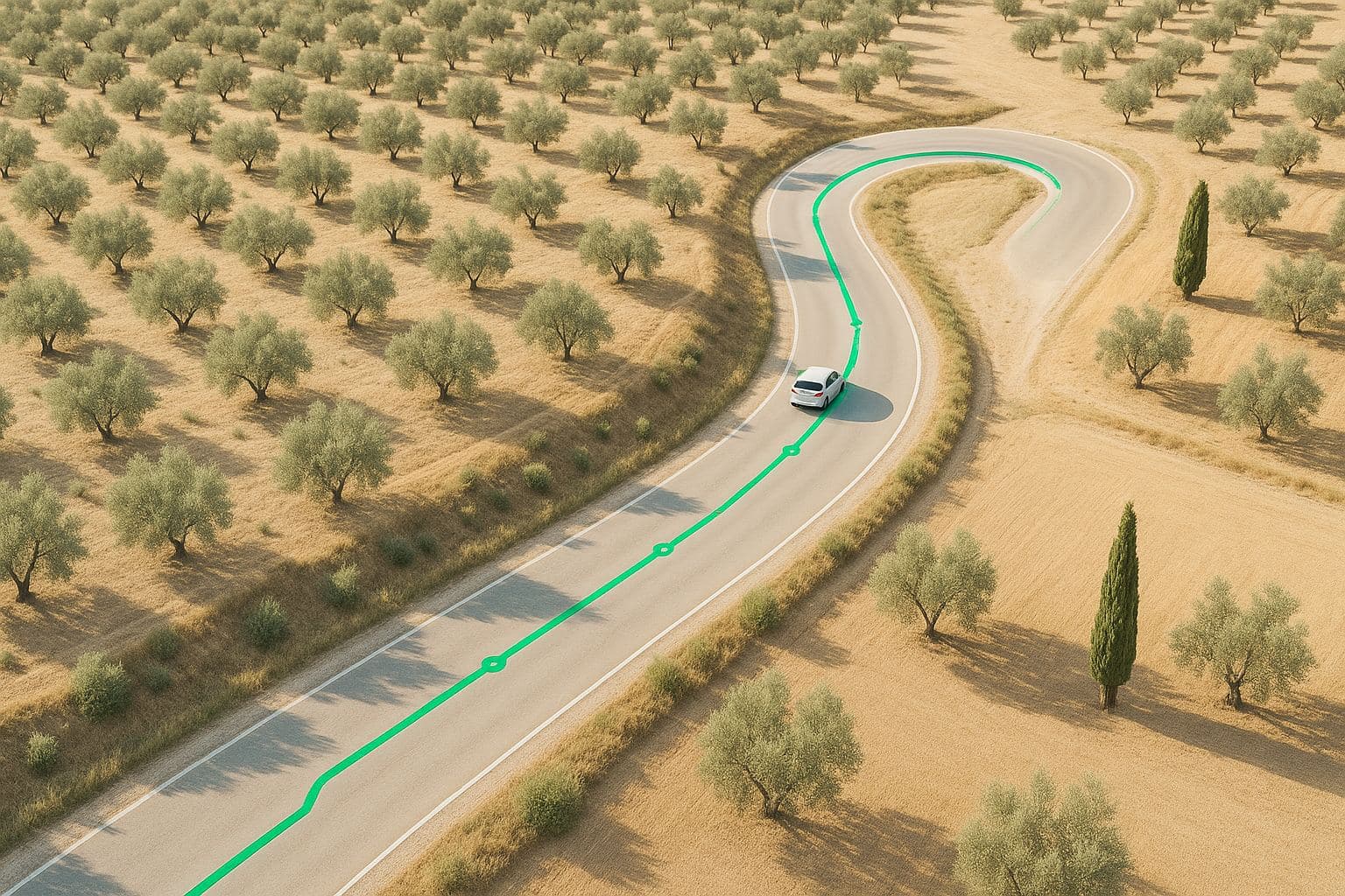 Vista aérea de una carretera en curva entre olivos y campos dorados; la recorre un coche blanco y, sobre el asfalto, una línea verde esmeralda de circuito con nodos sigue su trazado.