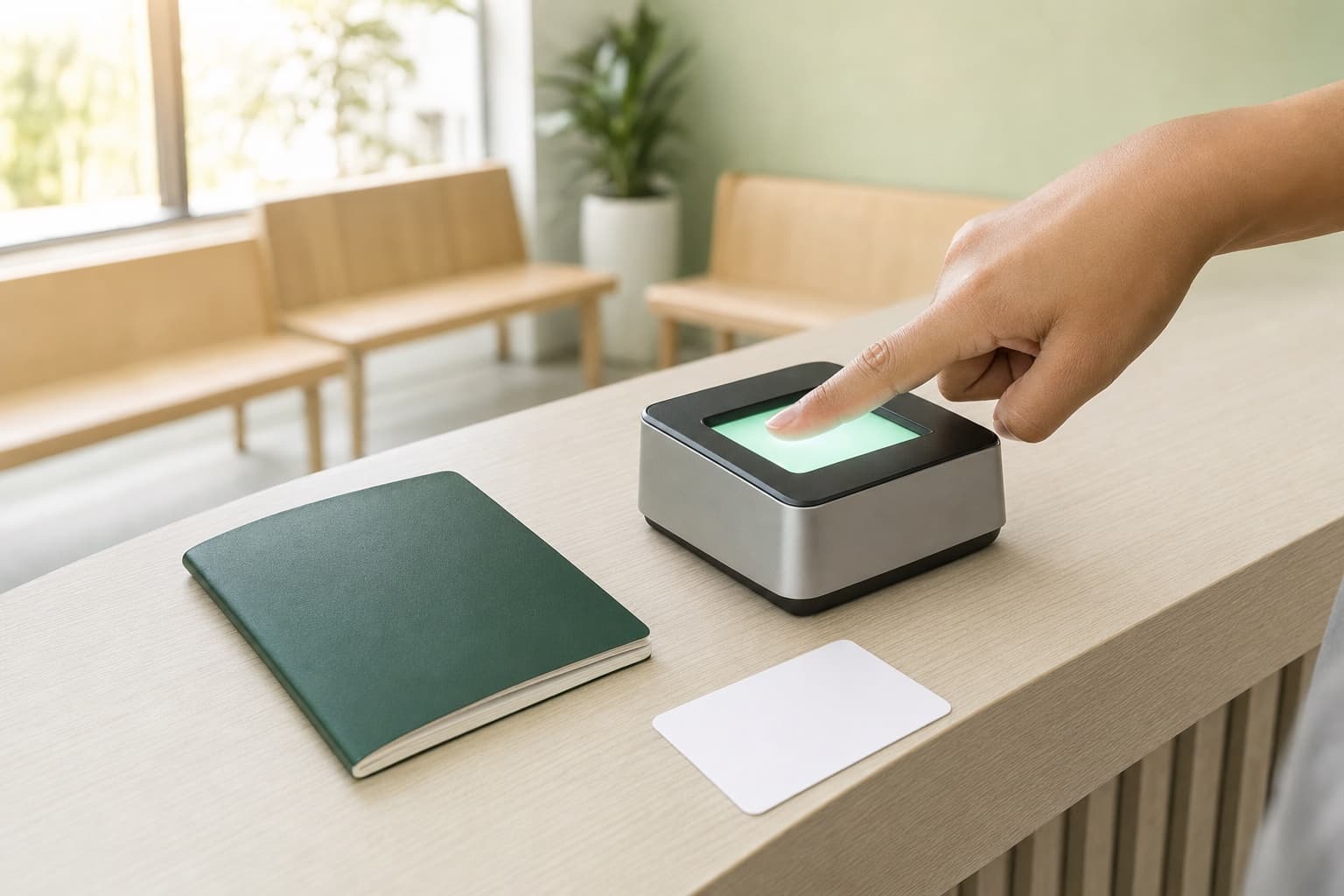 On the light wooden counter of a bright office, a finger rests on the glowing green glass of a fingerprint reader; beside it, a bottle-green passport with no markings and a blank white card. In the background, wooden benches, a plant and a sage-green wall next to a large window.