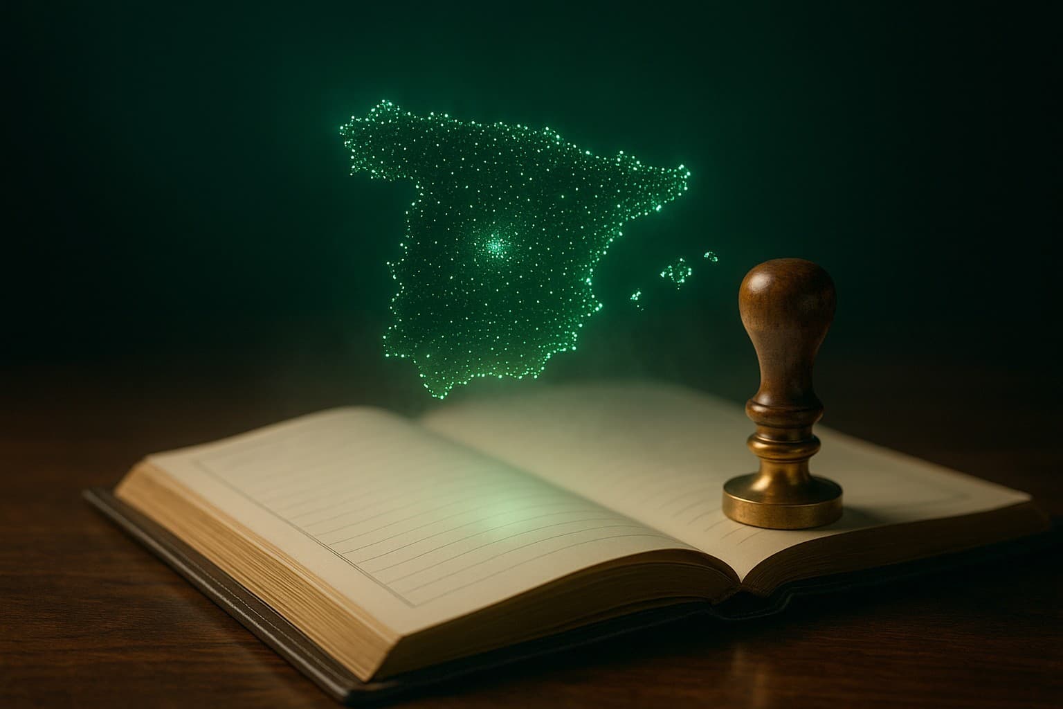 Ilustración: un registro abierto sobre una mesa de madera, un sello de latón encima, y la silueta de España dibujada con cientos de puntos de luz verde flotando sobre las páginas.