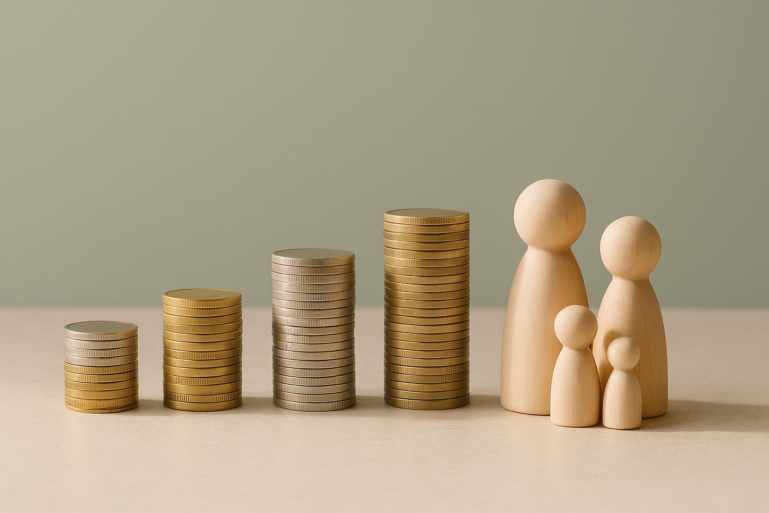 Cuatro columnas de monedas doradas y plateadas, cada una más alta que la anterior, sobre una superficie de piedra clara; a su derecha, una familia de figuras de madera clara, dos adultos y dos niños, ante una pared verde salvia.