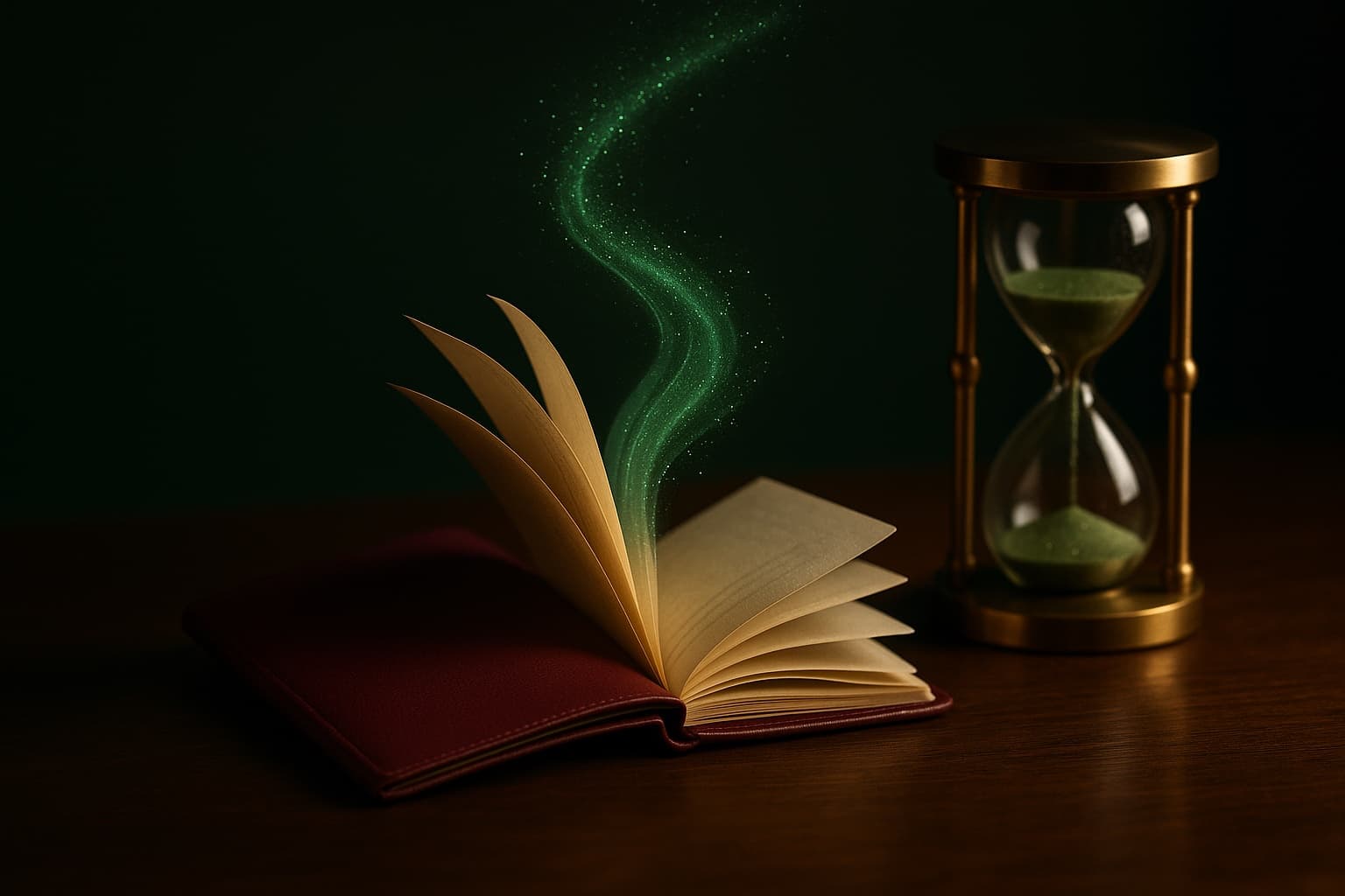 Un pasaporte granate abierto sobre un escritorio de nogal, con una estela de luz verde que se eleva de sus páginas hacia un reloj de arena de latón cuya arena cae lentamente.
