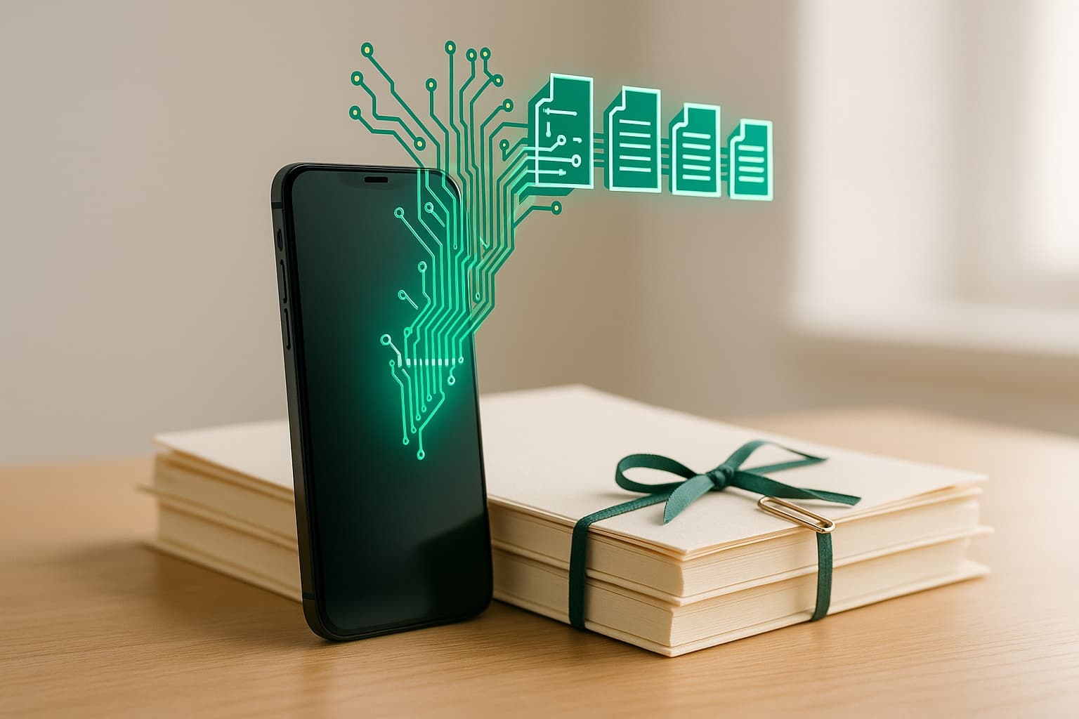 Un teléfono móvil apoyado en una mesa de mármol blanco junto a una carpeta abierta de cartulina crema; de la pantalla del móvil sale un trazado de circuito verde esmeralda que se convierte, dentro de la carpeta, en una pila ordenada de documentos dibujados con líneas de luz.