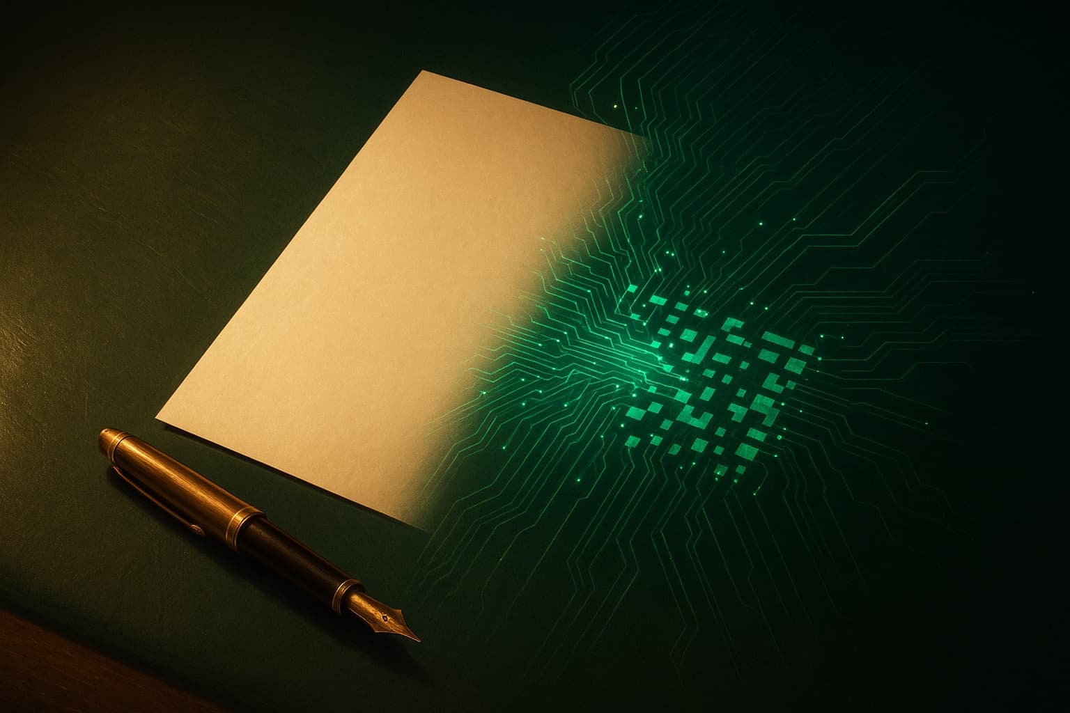 Una factura de papel sobre un escritorio de cuero verde cuya mitad derecha se disuelve en trazos luminosos y un mosaico tipo QR.