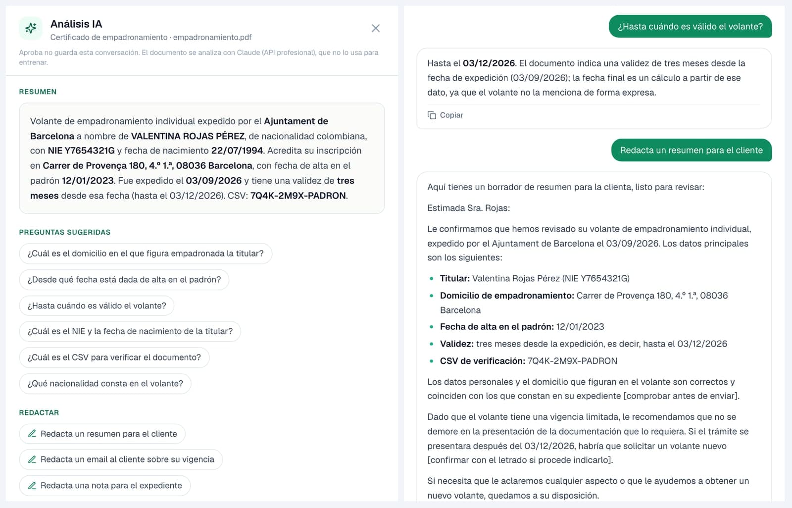 Panel «Análisis IA» de un volante de empadronamiento: resumen con los datos clave, preguntas sugeridas, una respuesta con la fecha de validez y un borrador de resumen para la clienta