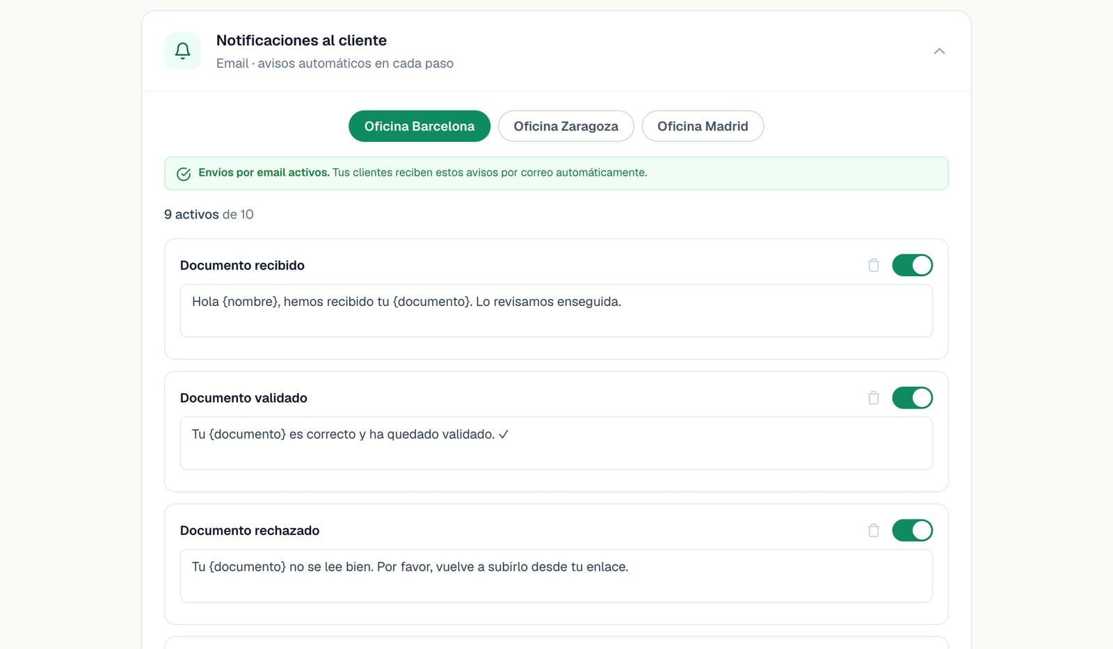 Ajustes › Notificaciones al cliente: cada aviso con su interruptor y su texto editable