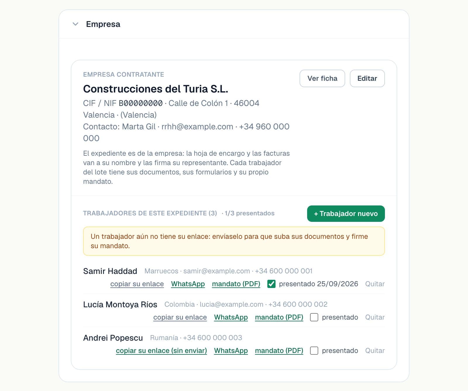 Sección «Empresa» de un expediente: la empresa contratante con su CIF y su contacto, y tres trabajadores con su enlace, su mandato en PDF y si ya se presentó