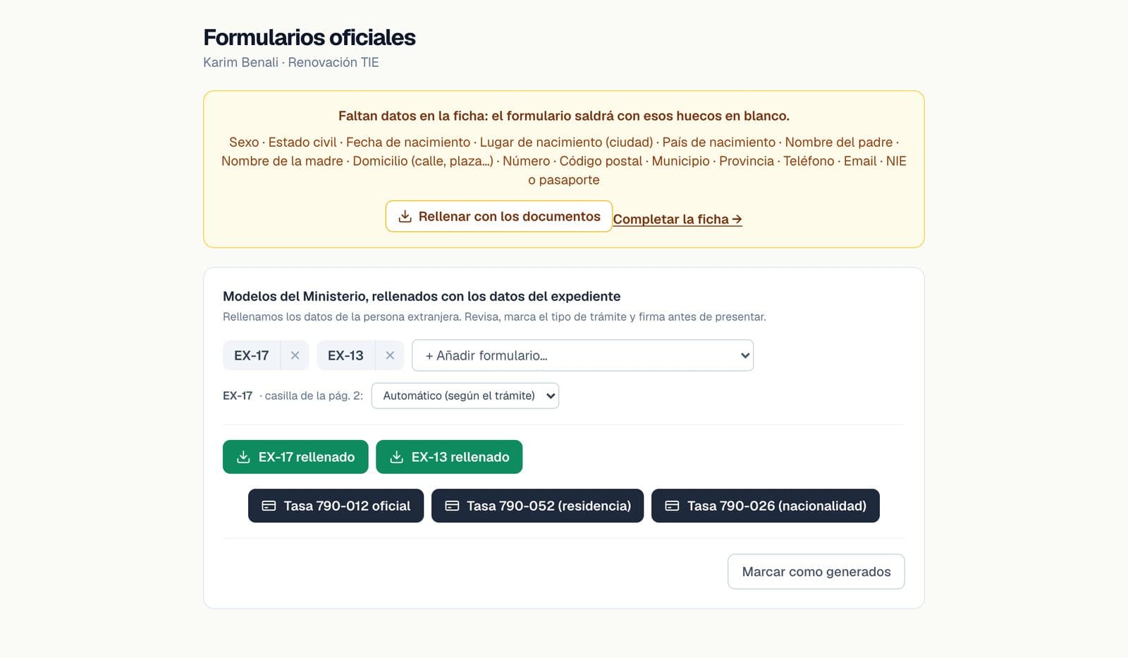 Página «Formularios oficiales» de un expediente: EX-17 y EX-13 rellenados, con la tasa 790-012 al lado