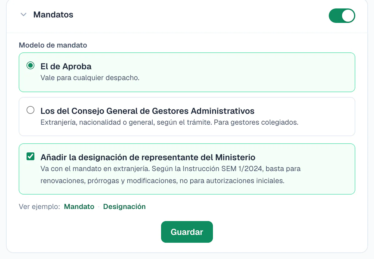 Ajustes › Mandatos: modelo de Aproba o del Consejo General de Gestores Administrativos, y la casilla «Añadir la designación de representante del Ministerio»