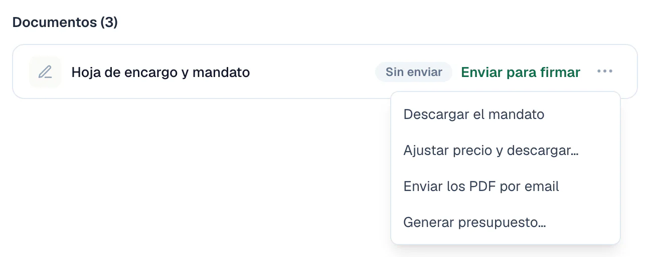Línea «Hoja de encargo y mandato» de un expediente con su menú abierto: «Descargar el mandato» en primer lugar