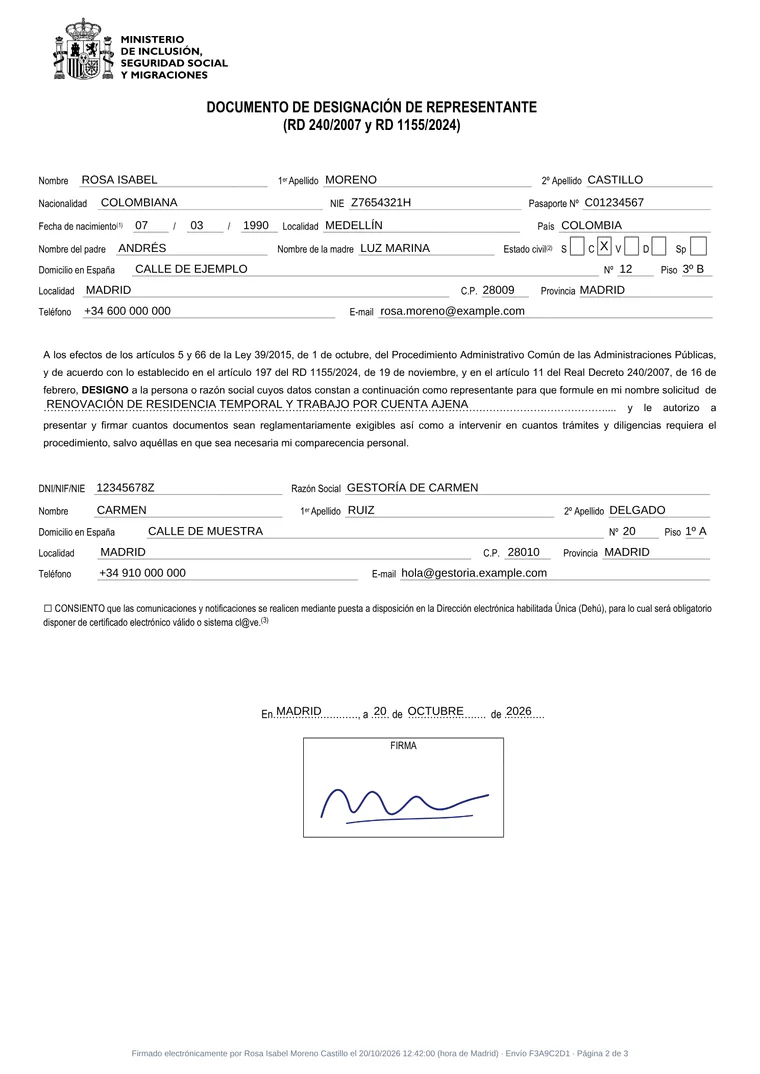 Documento oficial de designación de representante del Ministerio, rellenado con los datos de la clienta y del despacho y firmado en línea (datos de ejemplo)