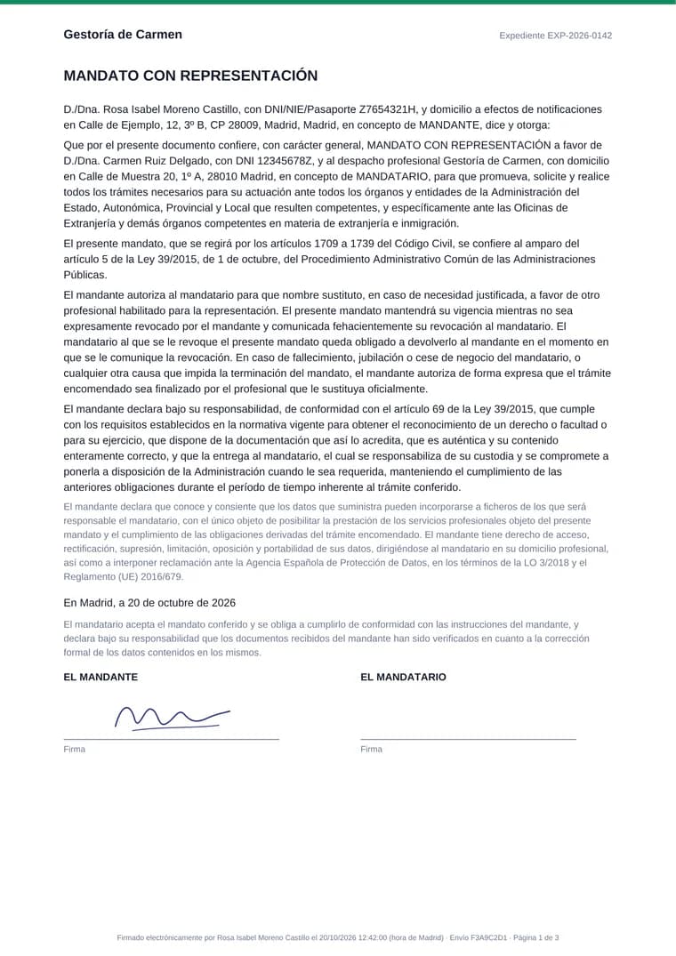 Mandato con representación generado por Aproba con datos de ejemplo, firmado en línea por la clienta