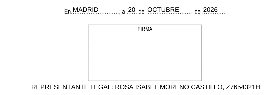 Pie de la designación de representante: bajo el recuadro de firma, «Representante legal» con el nombre y el NIE de la madre (datos de ejemplo)