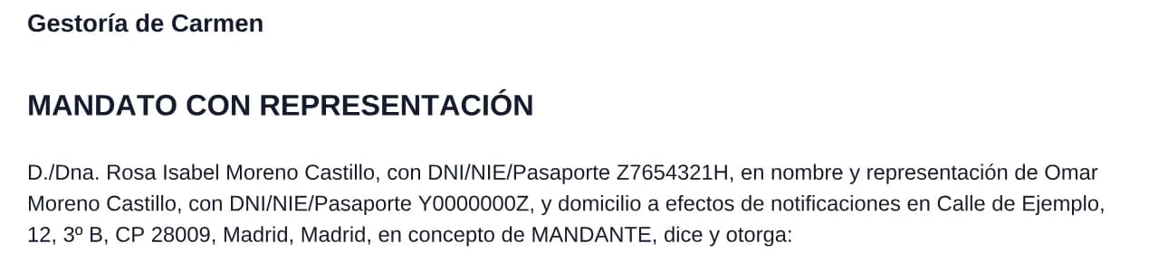 Comienzo del mandato: la madre, con su NIE, en nombre y representación de su hijo menor (datos de ejemplo)
