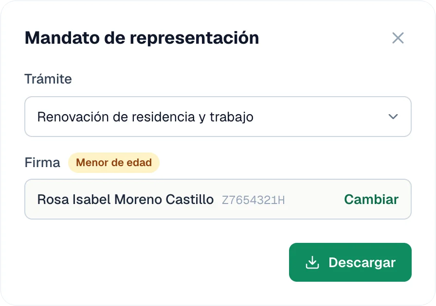 Ventana «Mandato de representación» de la ficha de un cliente menor de edad: el trámite y, en «Firma», su madre, con «Cambiar» y «Descargar»