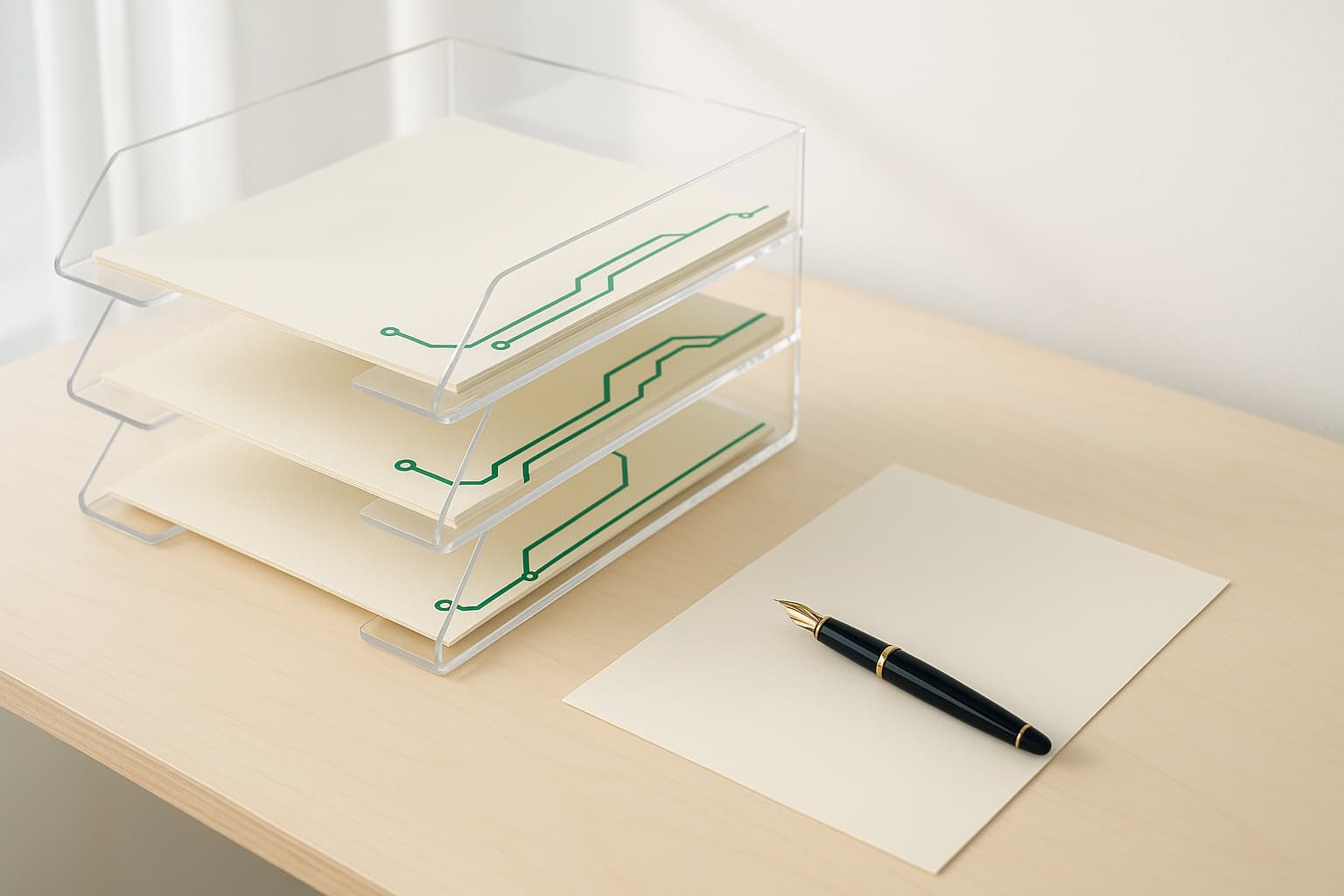 Un clasificador de metacrilato de tres bandejas con folios crema recorridos por trazos de circuito verde esmeralda, sobre una mesa de abedul claro; al lado, un folio en blanco con una pluma estilográfica negra y dorada.