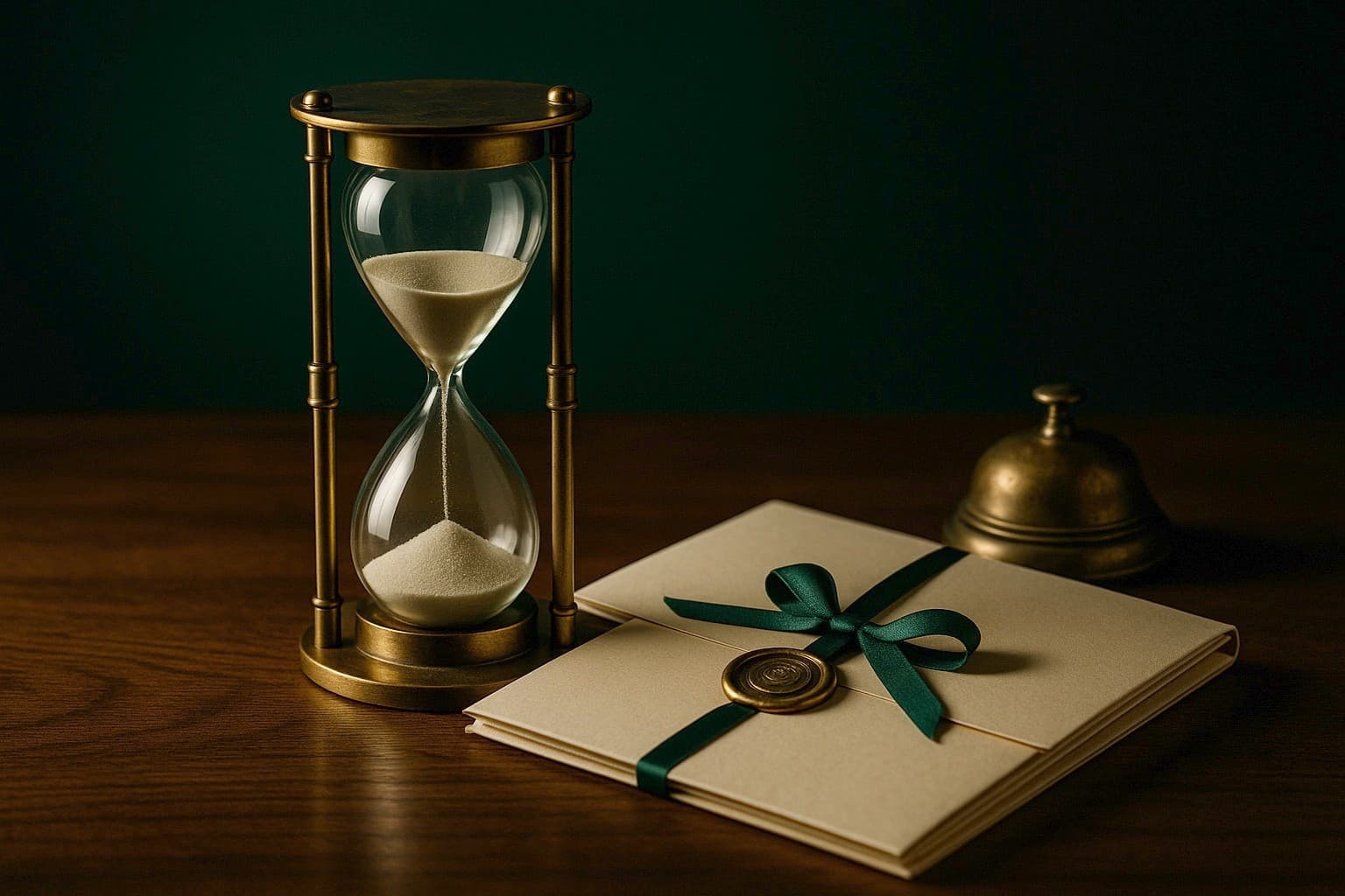Un reloj de arena de latón con la arena cayendo, junto a un expediente cerrado con cinta verde y sello de lacre y una campanilla de latón en silencio, sobre un escritorio de nogal.