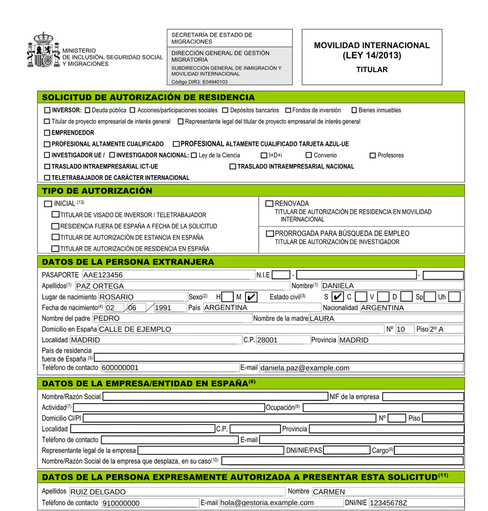 Modelo MI-T oficial de la Ley 14/2013 rellenado por Aproba con datos de ejemplo: pasaporte, apellidos, nombre, nacimiento, domicilio y la persona autorizada a presentar